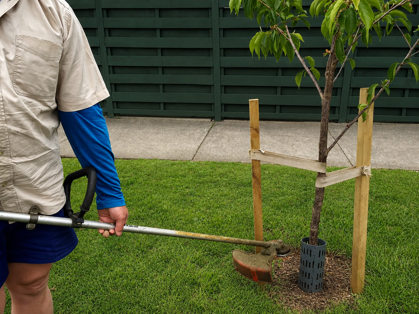 Edgemasta tree guard protecting a trunk during line trimming